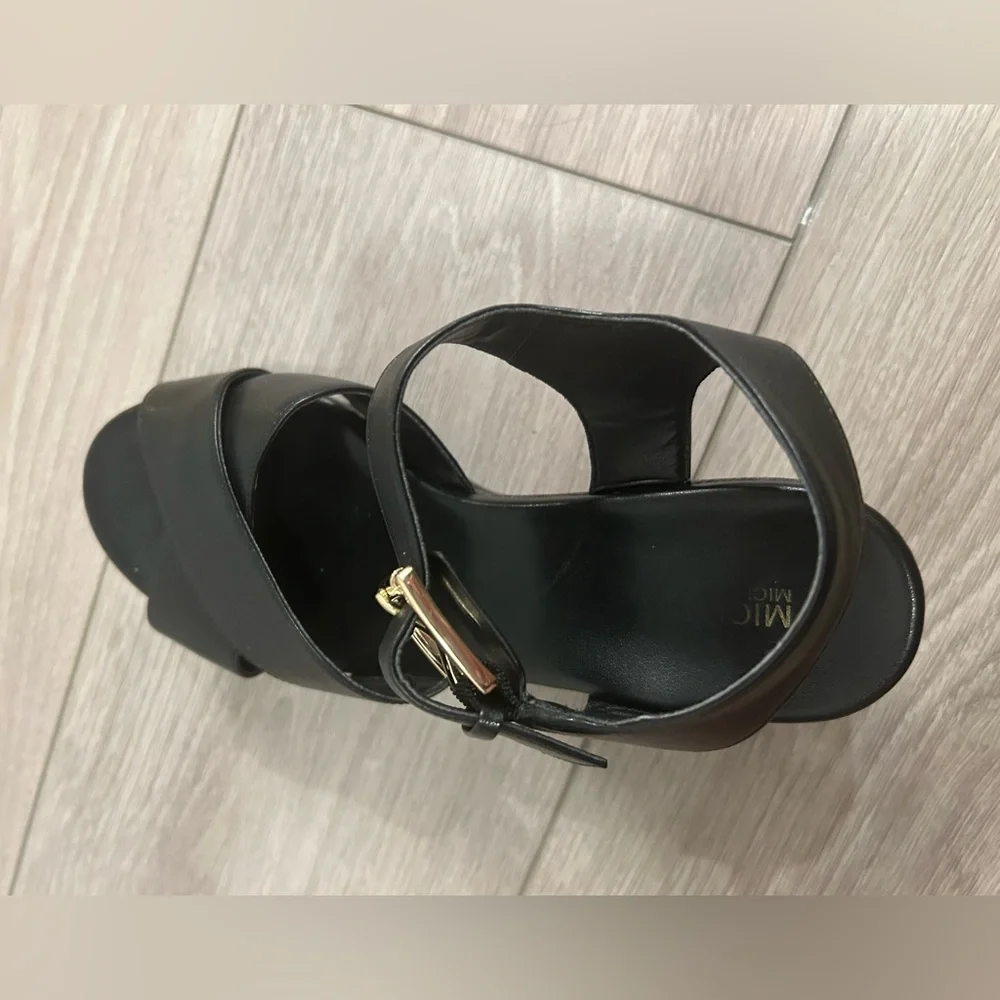 Michael Kors Black Leather Platform Wedge Sandals with Gold Buckle (Size 7)